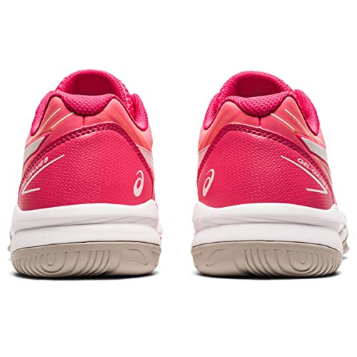 Two vibrant pink ASICS Gel-Game 8 - Kids tennis shoes are shown from the back, featuring white soles, beige outsoles, white ASICS logos on the heels, and cushioned mesh and synthetic uppers for comfort.