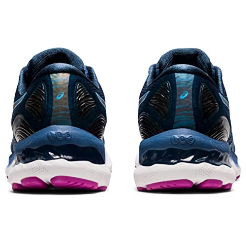 Rear view of ASICS Gel Nimbus 23 - Womens shoes in blue, featuring white midsoles, purple outsoles, visible brand logo on the heel, and advanced shock absorption technology.