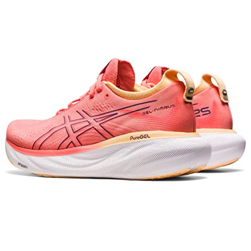 ASICS Gel Nimbus 25 - Womens in coral pink with orange accents, black logo details, white midsoles, and light orange outsoles. Shown from side and back angles on a white background, these running shoes feature lightweight cushioning.