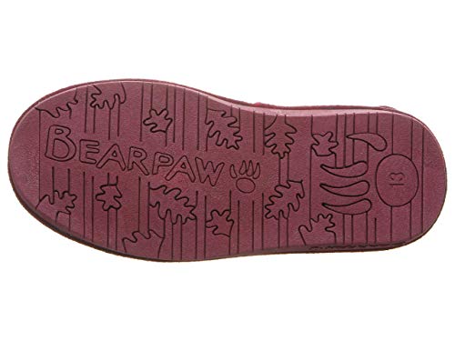 The Rosie Youth Boots by BEARPAW feature a reddish-brown rubber sole with the word BEARPAW, a bear paw print, multiple leaf imprints, and textured grip lines for added traction.