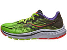 Step out in the Saucony Omni 20 Running Shoe for men—featuring a bright green design, yellow laces, black and red accents, purple inner lining, and a white cushioned sole with responsive PWRRUN comfort.