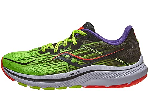 Step out in the Saucony Omni 20 Running Shoe for men—featuring a bright green design, yellow laces, black and red accents, purple inner lining, and a white cushioned sole with responsive PWRRUN comfort.