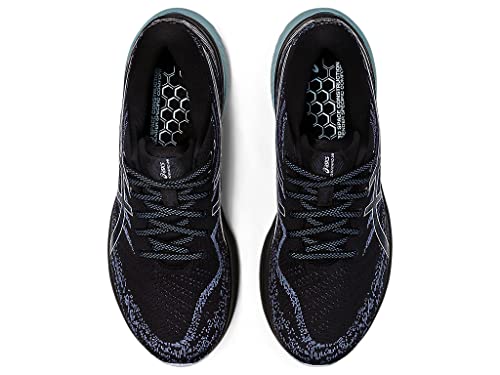 The ASICS Gel Kayano 29 - Mens running shoes feature patterned soles and blue accents, shown from above on a white background, delivering enhanced stability for every stride.