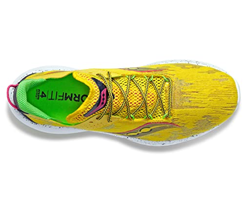 Top view of the Saucony Kinvara 14 Running Shoe - Womens in bright yellow with green and pink accents, patterned laces, and a speckled white sole. FORMFIT insole and PWRRUN foam deliver comfort with every step.