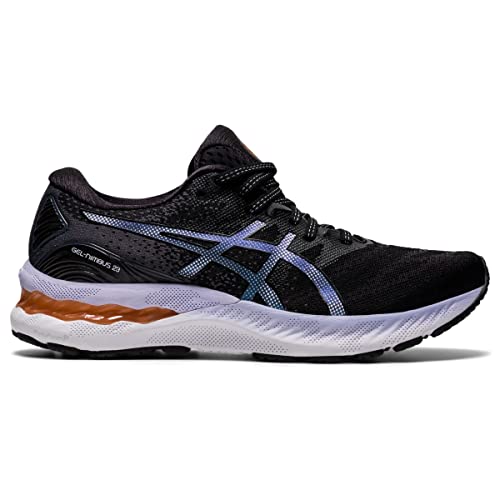 The ASICS Gel Nimbus 23 - Womens features a black mesh upper for breathability, white sole, light blue accents, a brown heel detail, visible ASICS branding, and shock-absorbing comfort.