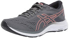 The ASICS Gel-Excite 6 - Womens features a gray mesh upper with pink accents, black lining, a white sole, signature ASICS logo, and GEL technology for comfort and support.