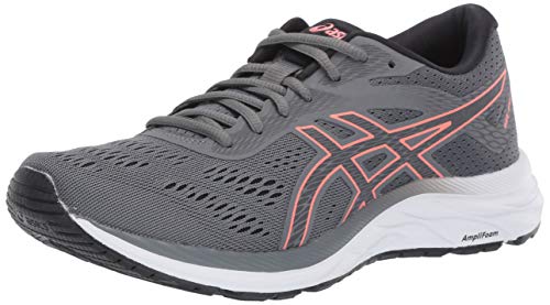 The ASICS Gel-Excite 6 - Womens features a gray mesh upper with pink accents, black lining, a white sole, signature ASICS logo, and GEL technology for comfort and support.