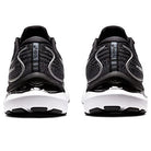 Rear view of a pair of ASICS Gel Cumulus 24 - Mens running shoes in black and white, with mesh uppers, ASICS branding on the heel tab, and FF BLAST cushioning. The ideal everyday trainer is shown side by side on a white background.