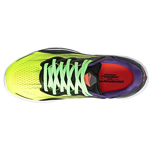 Top view of the Saucony Endorphin Shift 2 Running Shoe - Womens, with a bright yellow-green gradient upper, light green laces, black accents, red insole, white sole, and SPEEDROLL Technology for smooth momentum.