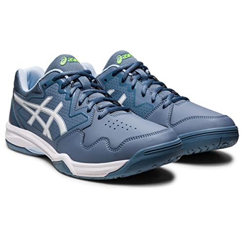 A pair of mens ASICS Gel Dedicate 7 tennis shoes in blue with white side stripes, light blue laces, and lime green ASICS logos on the tongue, providing stability and style, shown on a white background.