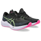 A pair of ASICS Dynablast 3 - Womens black running shoes with green accents, white midsoles, and bright pink outsoles, featuring FLYTEFOAM BLAST cushioning, shown at an angle on a white background.