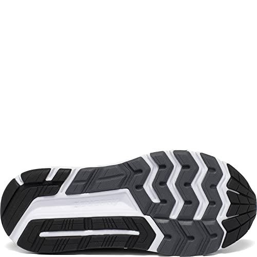 Close-up of the Saucony Echelon 8 Running Shoe - Womens sole, showing black and white rubber with zigzag and geometric patterns for traction, support, and PWRRUN cushioning.