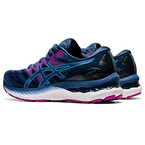 The ASICS Gel Nimbus 23 Womens running shoes feature blue and pink uppers, white and pink soles, the ASICS logo on the side, and a cushioned heel for improved shock absorption.