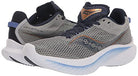 The Saucony Kinvara 14 Running Shoe - Womens features gray mesh uppers, navy and gold details, white midsoles, blue heel/sole accents, and a modern, breathable design with responsive PWRRUN foam cushioning.