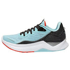 The Saucony Endorphin Shift 2 Running Shoe - Womens features a light blue mesh upper, black and white accents, black laces, white midsole, red outsole, sleek design, and SPEEDROLL Technology for a smooth ride.