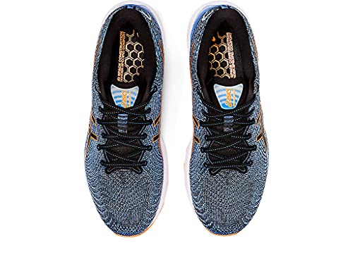 Top view of ASICS Gel Cumulus 24 - Mens shoes with black laces, honeycomb pattern insoles, orange midsole accents, and FF BLAST cushioning, displayed on a white background.