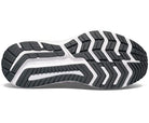 The image shows the black and white rubber outsole of the Saucony Omni 20 Running Shoe - Womens, featuring a zigzag tread pattern with textured grooves and raised sections for grip, flexibility, traction, and added stability.