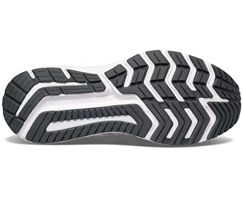 The image shows the black and white rubber outsole of the Saucony Omni 20 Running Shoe - Womens, featuring a zigzag tread pattern with textured grooves and raised sections for grip, flexibility, traction, and added stability.