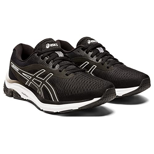 The ASICS GEL-PULSE 12 Womens shoes in black feature white soles, silver accents, signature side stripes, and an engineered mesh upper, displayed at an angle on a plain white background.