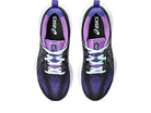 A pair of ASICS Gel-Cumulus 25 - Womens running shoes seen from above, with a purple and black pattern, white soles and laces, and light purple interiors—ideal as a neutral everyday trainer.