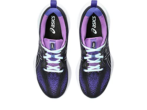 A pair of ASICS Gel-Cumulus 25 - Womens running shoes seen from above, with a purple and black pattern, white soles and laces, and light purple interiors—ideal as a neutral everyday trainer.