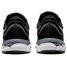 A pair of ASICS Gel-Ziruss 3 - Mens black running shoes are seen from the back, showing white and gray soles with silver accents, placed side by side on a white background.