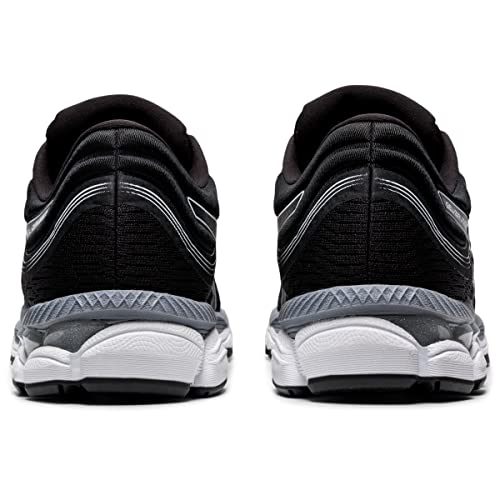 A pair of ASICS Gel-Ziruss 3 - Mens black running shoes are seen from the back, showing white and gray soles with silver accents, placed side by side on a white background.