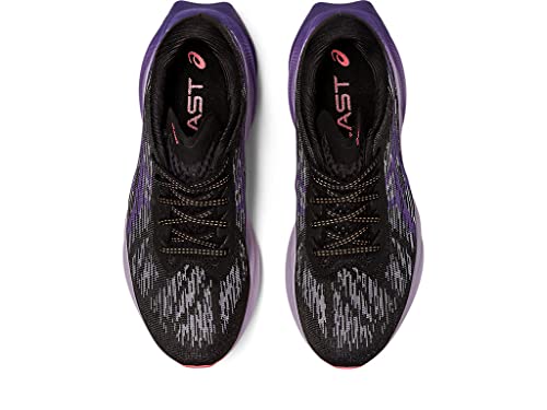 Top view of a pair of black and purple ASICS Novoblast 3 - Womens running shoes featuring jacquard mesh uppers, black laces, and insoles with “LAST” printed in pink.