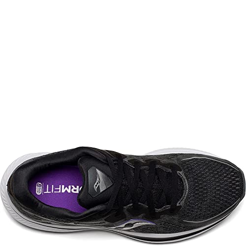 Top view of the Saucony Omni 20 Running Shoe - Womens: black with black laces, a white sole, and a purple insole marked FORMFIT, providing stability and support for every run.