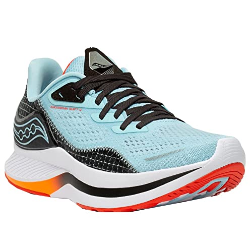 The Saucony Endorphin Shift 2 Running Shoe for women features a light blue mesh upper, black laces, black and white details, orange accents on the sole, a cushioned midsole, white and orange outsole, and SPEEDROLL Technology for smooth rides.
