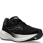 The Saucony Endorphin Speed 3 Running Shoe - Womens is shown in black with a white cushioned sole and black wavy side design, displayed from the front against a white background—ideal for daily training.