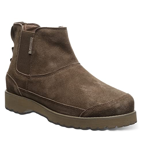 The BEARPAW Nick Boots - Mens is a single brown suede ankle boot with a side zipper, elastic panel, textured rubber sole, and subtle stitching details, shown against a white background.