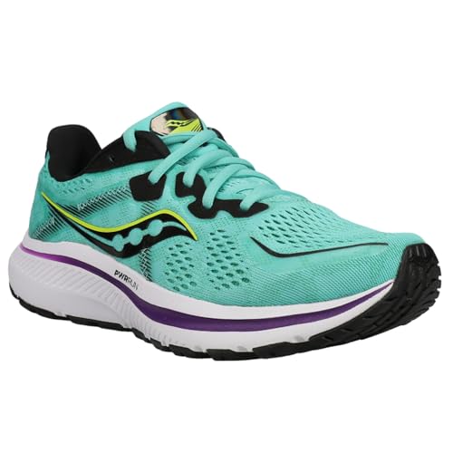 The Saucony Omni 20 Running Shoe - Womens features a turquoise mesh upper with black, yellow, and purple accents, plus a supportive white and black sole for enhanced stability.
