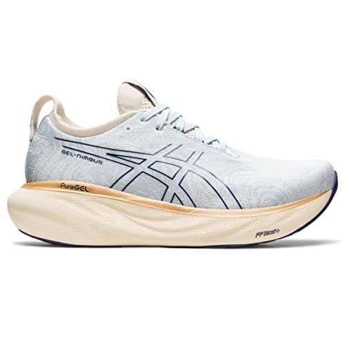 The ASICS Gel Nimbus 25 - Womens features a light blue mesh upper, navy accents, tan cushioned sole, PureGEL and FF BLAST+ tech, plus a large curved midsole—offering lightweight comfort ideal for running.
