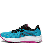 The Saucony Omni 20 Running Shoe - Womens features a turquoise mesh upper for breathability, black laces, a white midsole, pink outer sole, extra support for comfort, and a wave-style logo on the side.