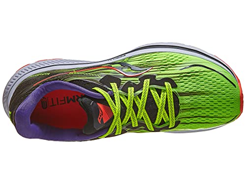 Top view of the Saucony Omni 20 Running Shoe - Mens, featuring a bright green upper, yellow laces, purple lining, red accents, white sole, and responsive PWRRUN cushioning for comfort.