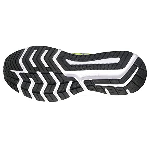 The image shows the black rubber outsole of the Saucony Omni 20 Running Shoe - Mens, with a zigzag tread and white accents designed for improved grip and traction.