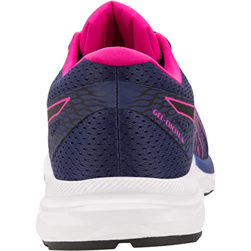 Rear view of the ASICS Gel-Excite 6 - Womens in navy blue with a white sole, pink lining and accents, and breathable mesh. Features GEL technology for enhanced comfort on every run.