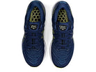 Top view of a pair of mens ASICS Gel Kayano 28 stability running shoes in navy blue, featuring black laces, yellow accents, a hexagonal insole pattern, and advanced GEL technology for superior comfort.