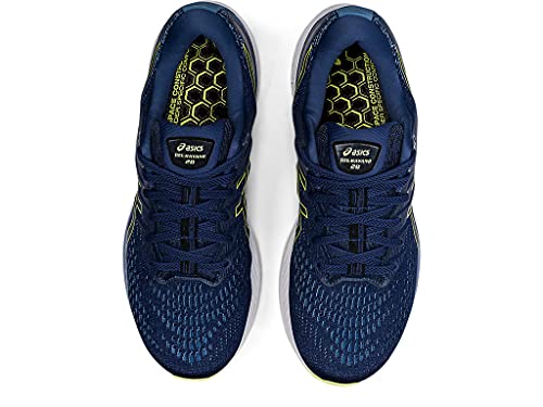 Top view of a pair of mens ASICS Gel Kayano 28 stability running shoes in navy blue, featuring black laces, yellow accents, a hexagonal insole pattern, and advanced GEL technology for superior comfort.