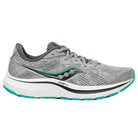 The Saucony Omni 20 Running Shoe for women features a gray mesh upper with teal and black accents, a white sole for stability and support, and is shown in a side view.
