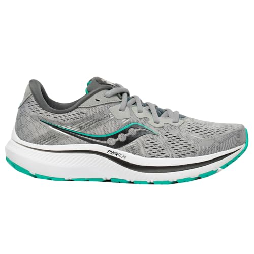 The Saucony Omni 20 Running Shoe for women features a gray mesh upper with teal and black accents, a white sole for stability and support, and is shown in a side view.