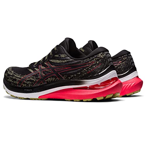 A pair of ASICS Gel Kayano 29 - Mens stability running shoes with black and red uppers, white midsoles, and gold accents, shown from an angle highlighting the outer sides and backs.