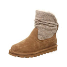 The BEARPAW Virginia Boots for women feature a brown suede upper, flat rubber sole, cozy wool knit shaft with a fold-over heather gray cuff, and a casual style inspired by classic sheepskin boots.