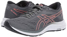 The ASICS Gel-Excite 6 Womens shoes in gray with coral accents feature mesh uppers for breathability, GEL technology for comfort, white soles, and the ASICS logo on the sides.