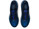 Top view of ASICS Gel Kayano 28 - Mens stability running shoes in blue with mesh uppers, black and electric blue accents, GEL technology, and honeycomb-patterned insoles, displayed side by side on a white background.