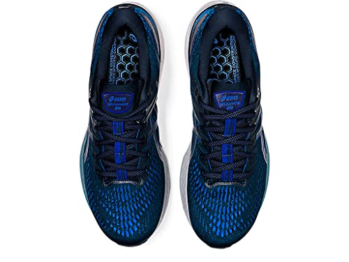 Top view of ASICS Gel Kayano 28 - Mens stability running shoes in blue with mesh uppers, black and electric blue accents, GEL technology, and honeycomb-patterned insoles, displayed side by side on a white background.