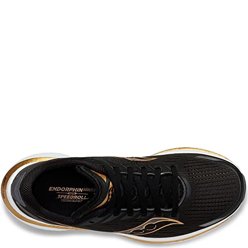 Top view of the Saucony Endorphin Speed 3 Running Shoe – Womens, a black daily trainer with gold accents, black laces, “Endorphin” on the insole, mesh upper, and a cushioned gold and white sole.