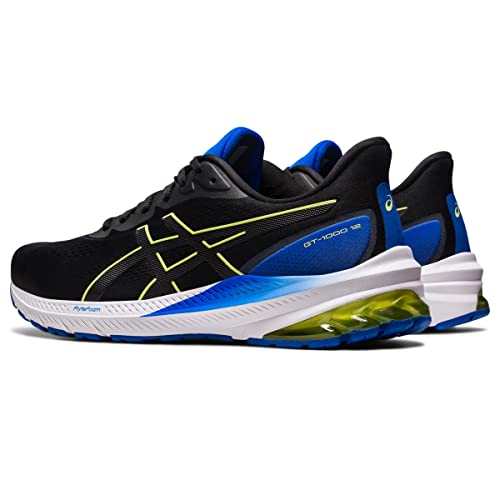 A pair of ASICS GT-1000 12 - Mens running shoes in black with blue and white soles, yellow accents, and a distinctive logo—designed for overpronation. One shoe is shown facing forward, the other backward.