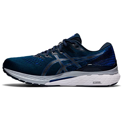 The ASICS Gel Kayano 28 - Mens is a navy blue and black running shoe with a white and black sole, the iconic logo on the side, breathable mesh detailing, and advanced GEL technology for superior comfort.